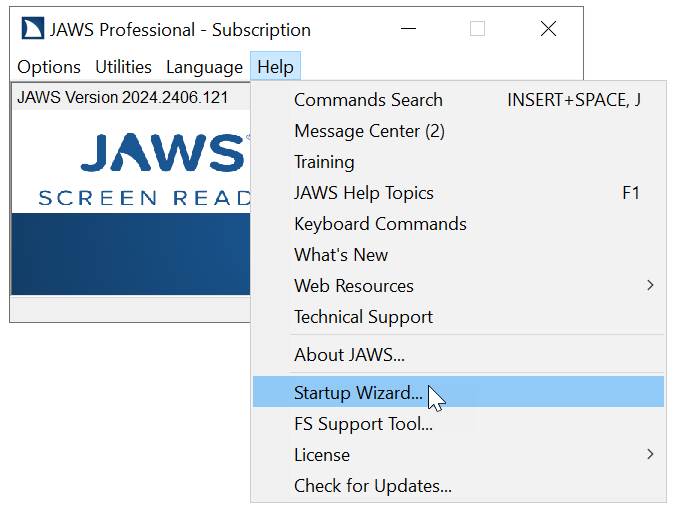 The JAWS application window is shown with the Help menu selected. A number of pulldown options are available, including the Startup Wizard which is selected and highlighted in blue.