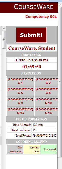 A screenshot of the right-hand portion of the Courseware screen 
         during a quiz or exam. From top to bottom are the Submit button, a clock 
         showing the time remaining, a navigation region showing which questions 
         have been answered and which questions have not been answered, and additional
         information about the exam (time allowed, total problems, and total points). 
         There are two vertical scroll bars, one on each side of the diagram.