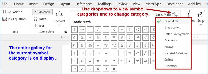 Word's equation toolbar is shown after the Symbols group dropdown from the previous step has been selected. The entire gallery for the current symbol category (in this case, Basic Math) is on display. A red arrow points to a dropdown near the upper right with a note saying, "Use dropdown to view symbol categories and to change category." Eight categories of symbols are shown in the dropdown and are outlined in red: Basic Math, Greek Letters, Letter-Like Symbols, Operators, Arrows, Negated Relations, Scripts, and Geometry.